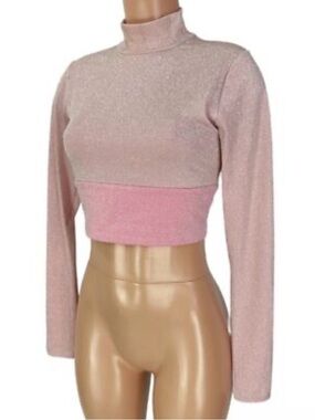 naked wardrobe Light Pink Sparkle Crop Mock Neck Top